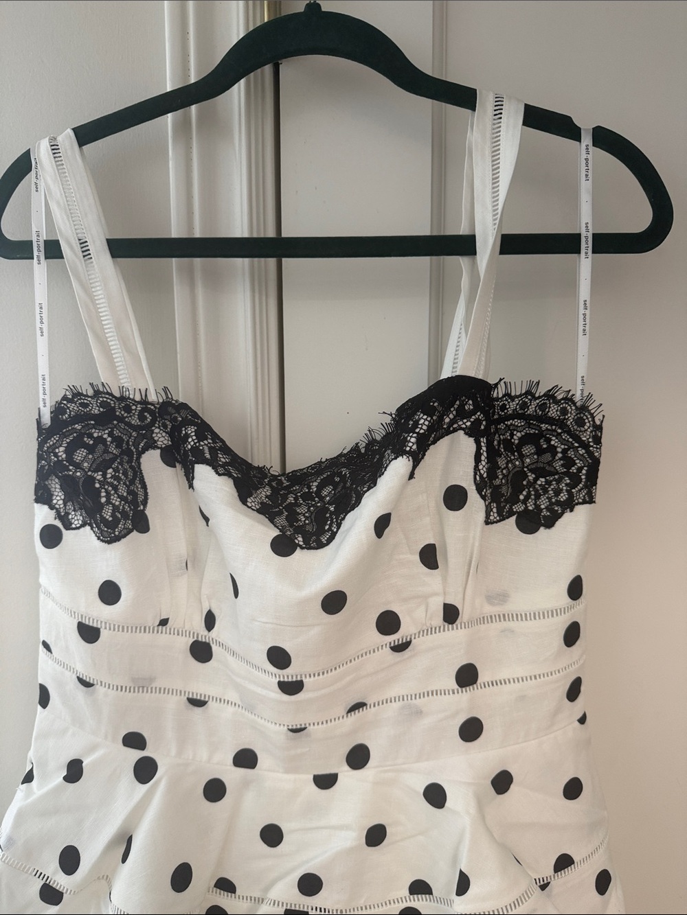 Self-Portrait White Polka Dot Midi Dress with Black Lace Trim - Picture 13 of 13